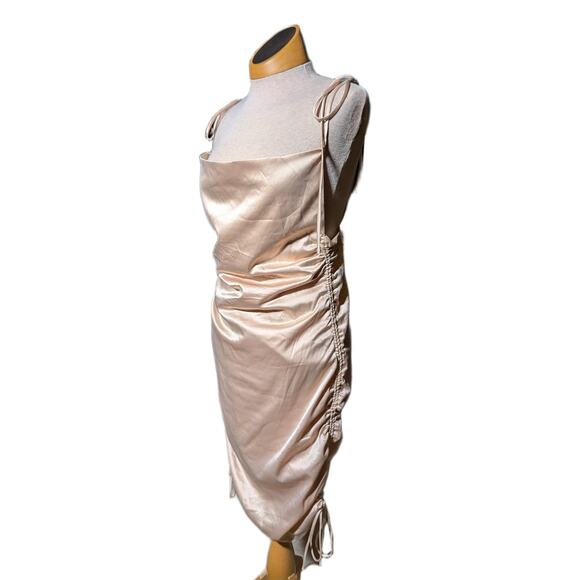 Leau Cabo Champagne Gold Satin Tie Strap Square Draped Neck Mini Dress Sz M - Picture 1 of 7
